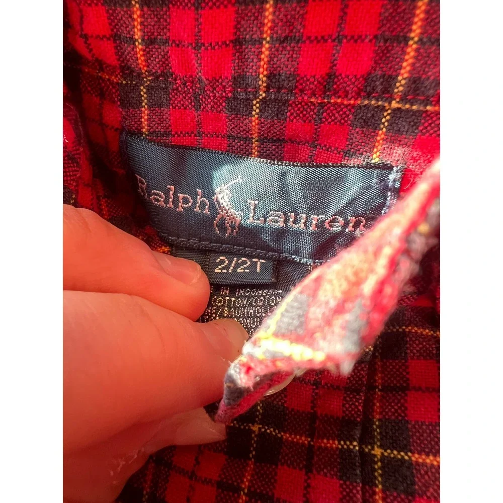 Ralph Lauren Button Down Shirt 2T Red Plaid Long Sleeve Cotton Pony Christmas
